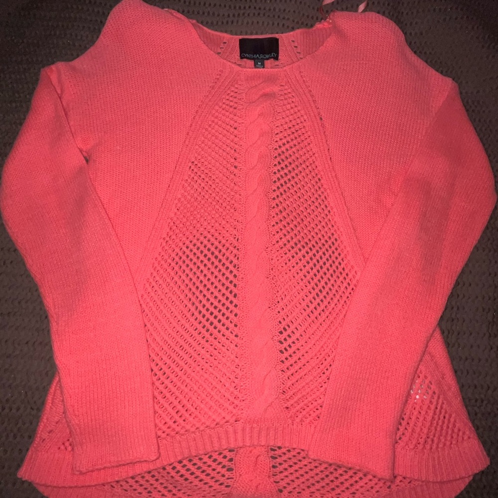 Cynthia Rowley Womens M Cable Open Knit Lightweight Sweater Coral Pink